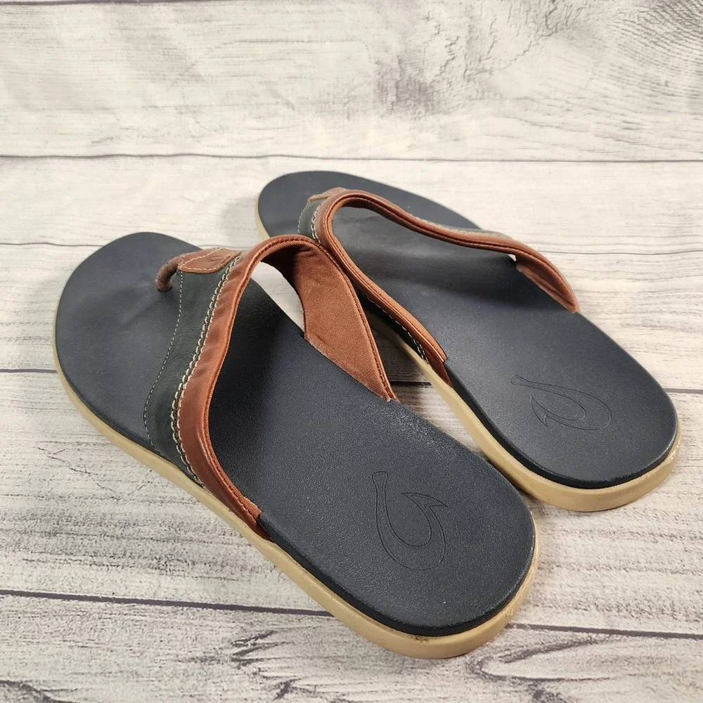 OluKai Polena Mens 12 Blue Brown Leather Flip Flop Sandals 10263-DEDE